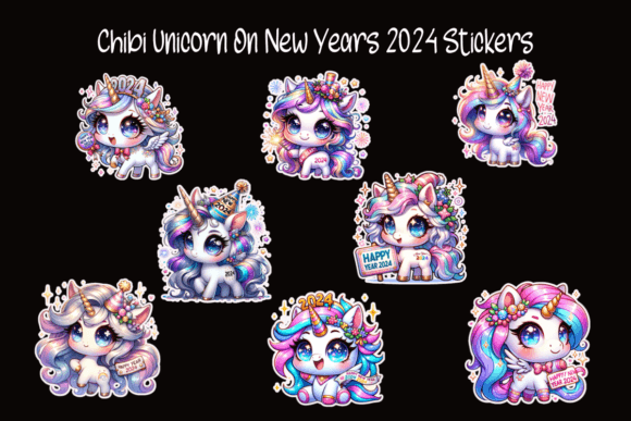Download Chibi Unicorn on New Years 2024 Stickers - Unicorn Collection